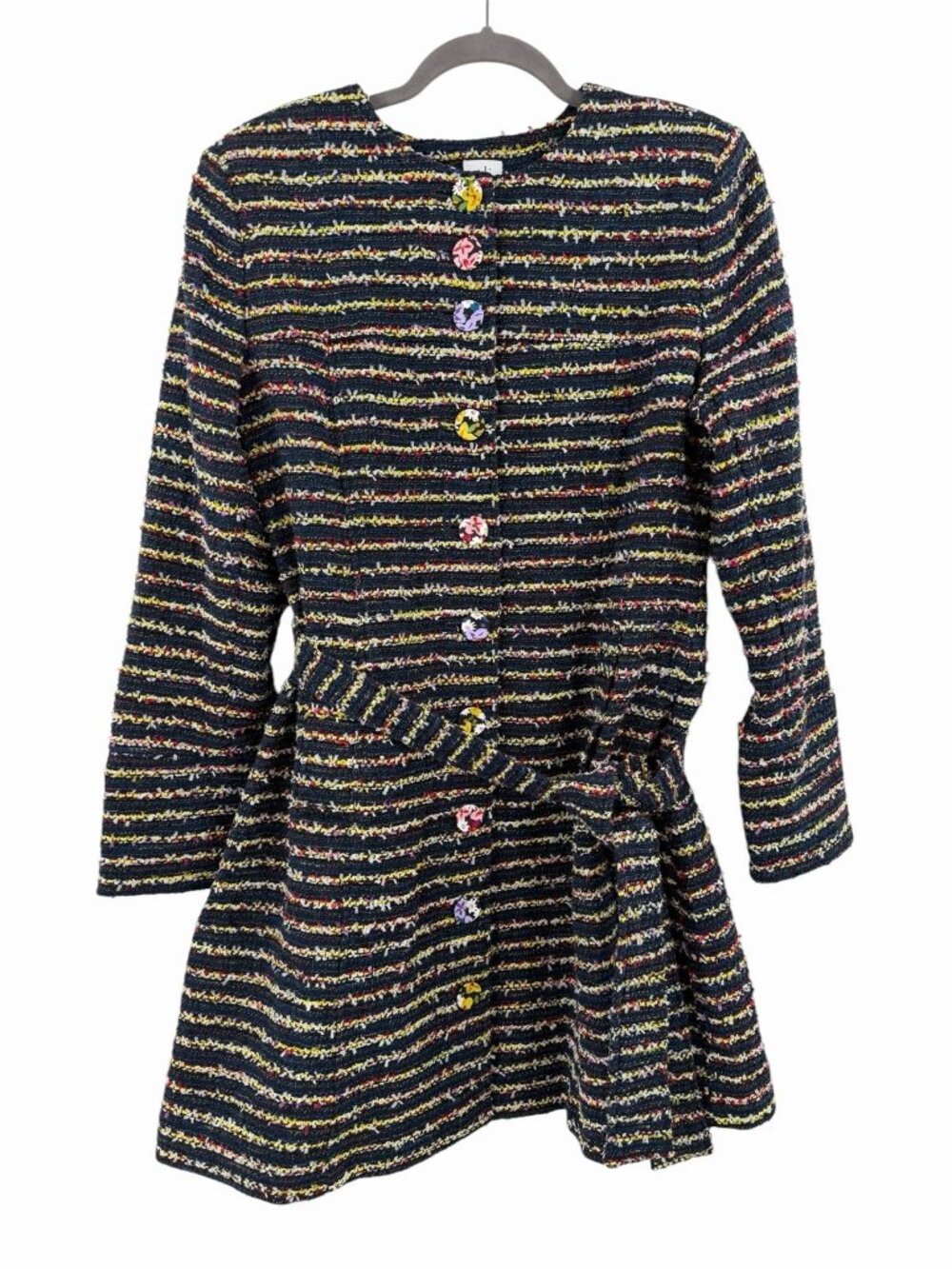 CABI Women's Navy Tweed Headline Topper Floral Belted Button Down Coat Size 8